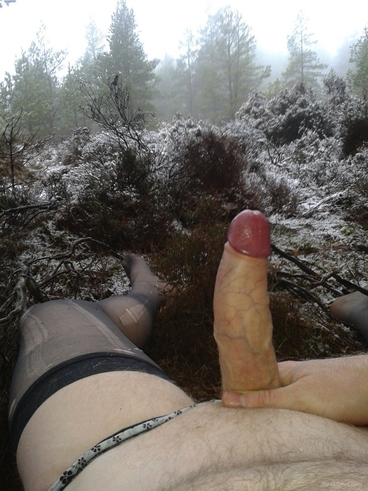 Outdoor Stockings - Playing with my cock wanking to porn outdoors wearing stockings