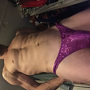 Musclefag in purple panties looking sexy and muscular