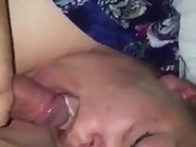Deep throat blowjob given by busty brunette